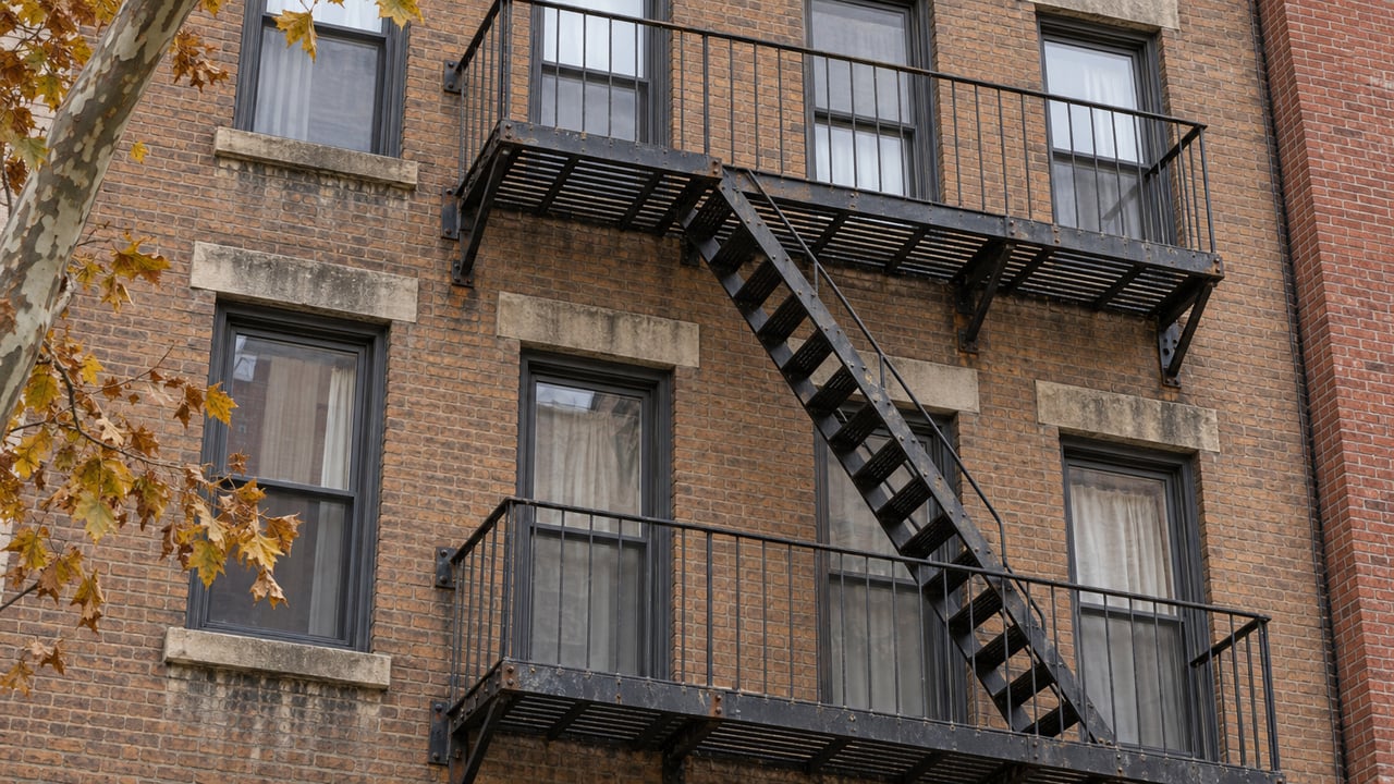 Close upward view of brown brick apartment windows, weathered limestone sills and a black steel fire escape, with autumn plane-tree leaves at one corner.