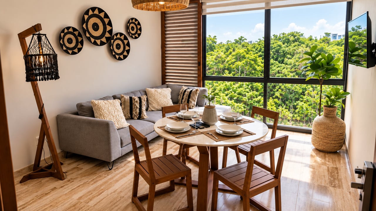 Condo living and dining area with a gray sofa, round table, and floor-to-ceiling windows overlooking treetops.