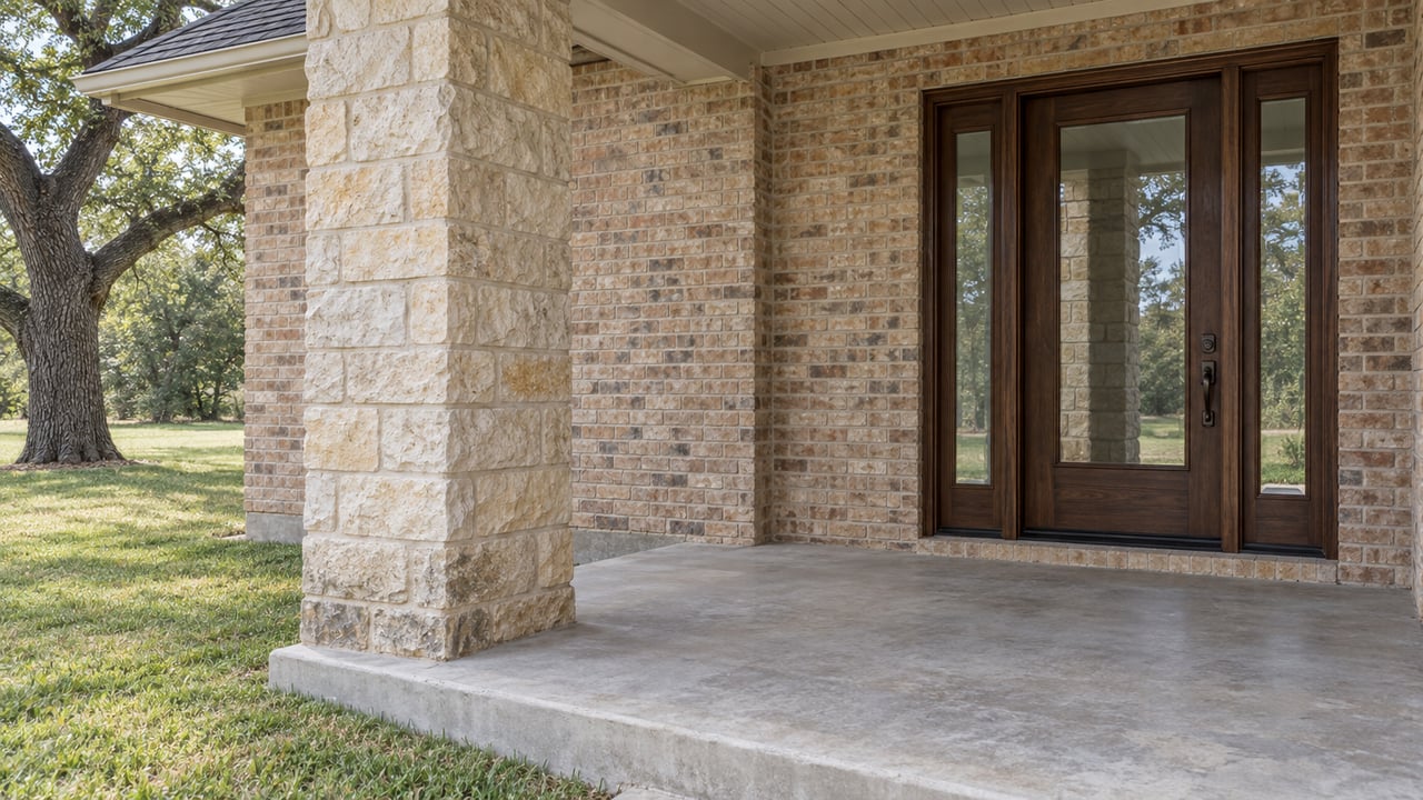 Covered entry with buff brick, a limestone pier, glazed wood door and sidelights, and a worn stone step beside a lawn.