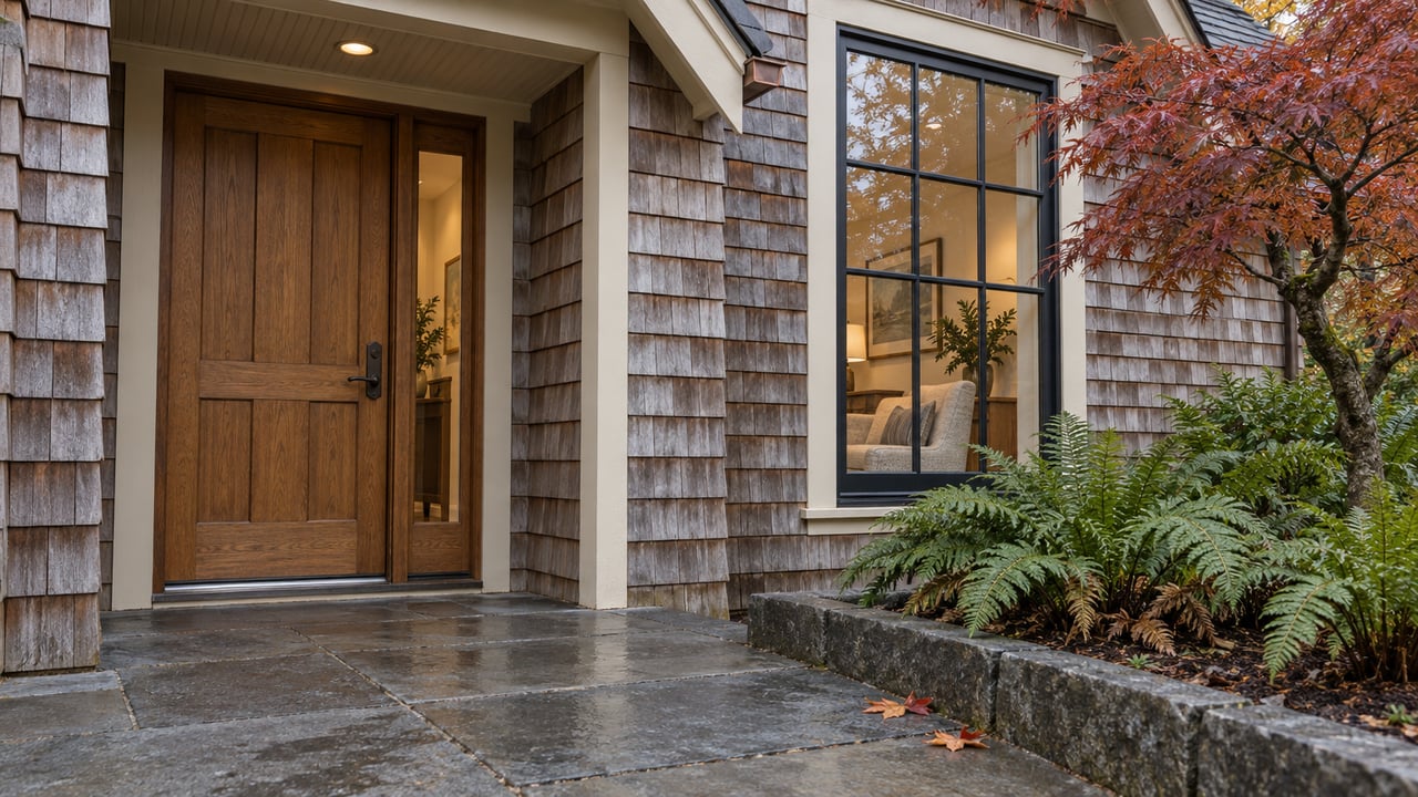 Cedar-shingled home entry with an oak door, tall window, basalt landing and copper-red Japanese maple leaves.