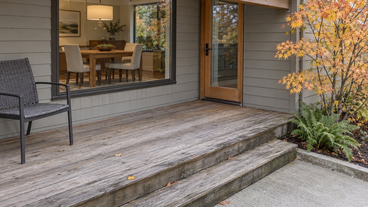 Weathered cedar porch beside gray lap siding and a glazed dining room, with maple leaves and sword ferns beside the steps.