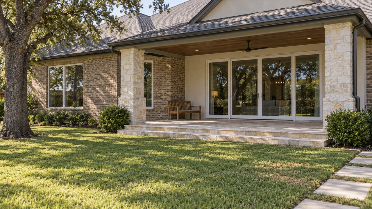 Detached house with a covered limestone terrace, white-framed glass doors, teak bench, and lawn beneath an oak tree.