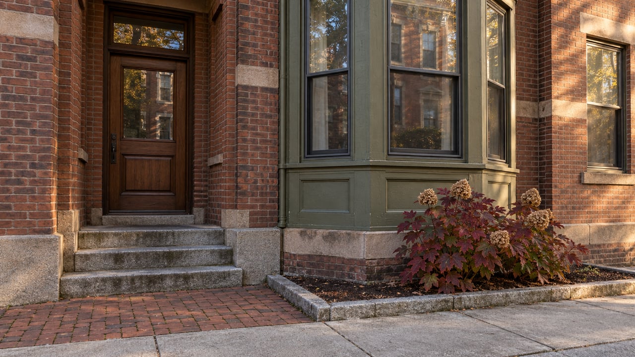 Autumn light grazes a brick residence with olive-painted bay windows, a walnut entrance door, and worn granite steps.