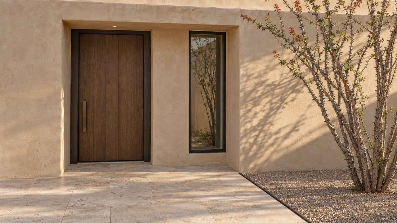 Sunlit desert home entrance with a walnut door, limestone paving, and a sparse ocotillo beside the wall.