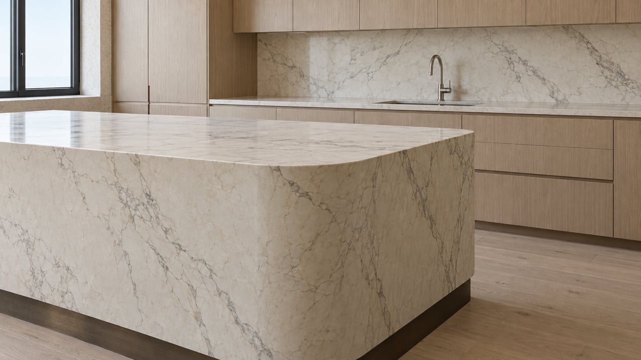 Curved ivory marble kitchen island with pale oak cabinetry, a marble backsplash, and a black-framed window in a luxury apartment.
