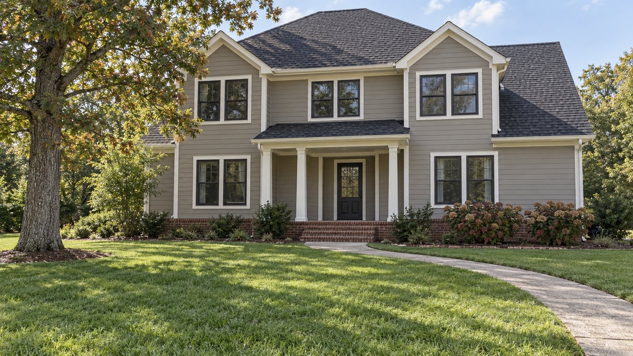 Updated greige two-story home with white trim, a black front door, broad lawn and an oak tree in early autumn light.