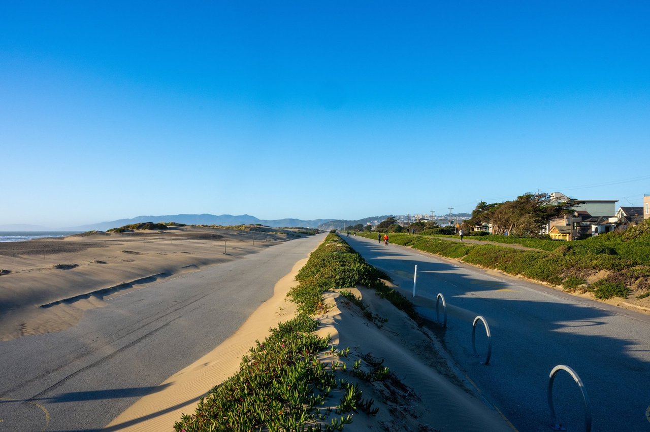 View looking down Upper Great Highway in Outer Sunset San Francisco near Ocean Beach
