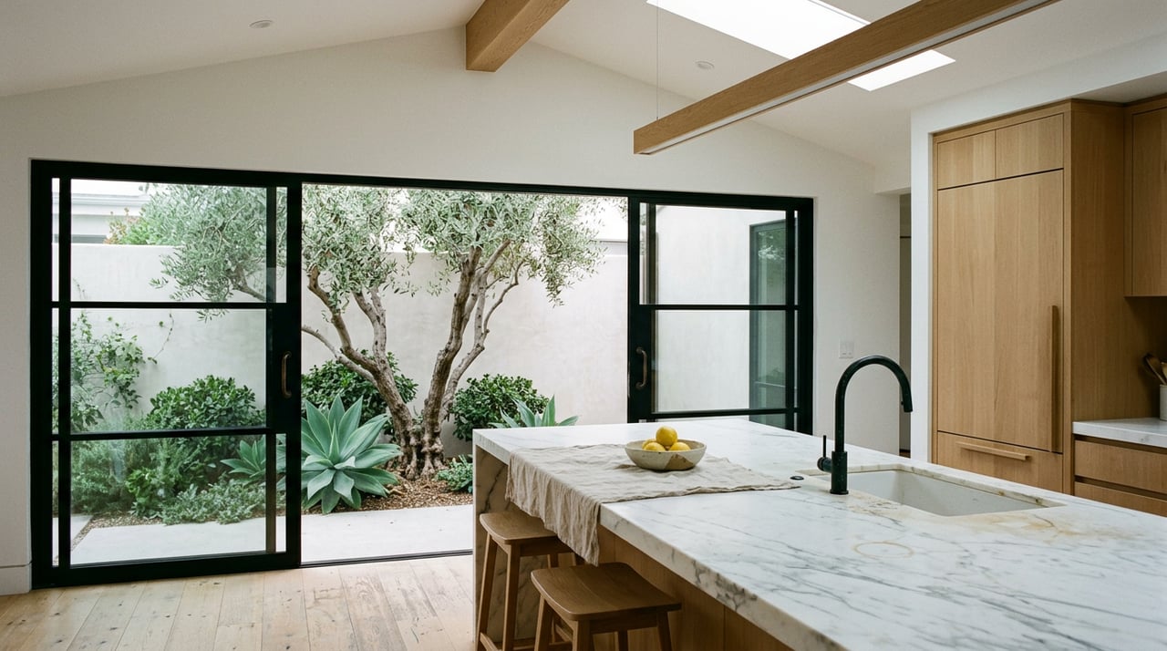 Open-plan kitchen with a veined marble island, oak cabinetry, and sliding glass doors overlooking a courtyard olive tree.