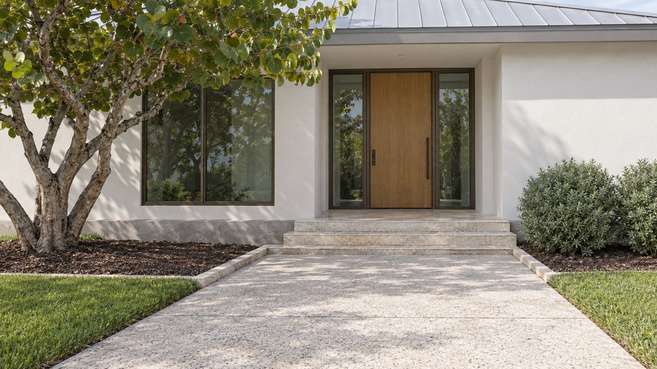 Low-angle view of a white stucco home with limestone entry steps, bronze-framed glazing, and a sculptural sea grape tree beside a broad paved approach.