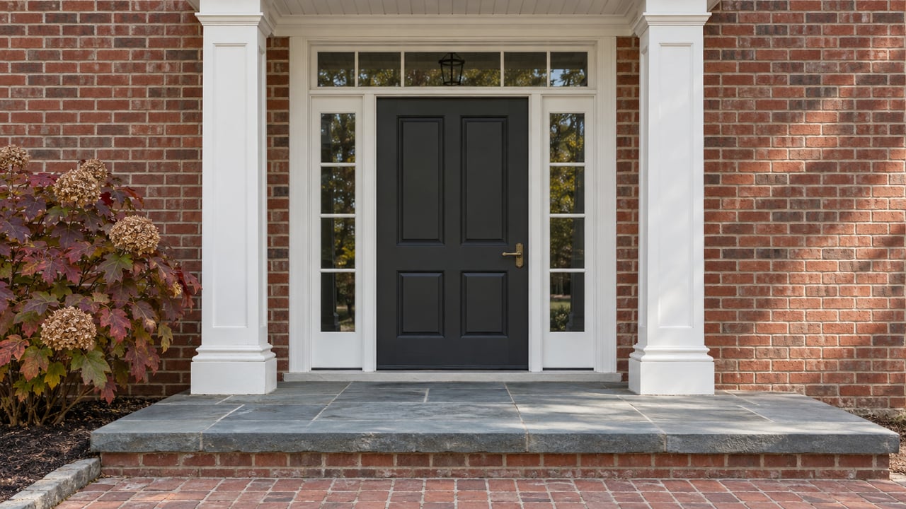 Traditional red-brick home entry with white-painted trim, a charcoal door, bluestone steps and autumn oakleaf hydrangea.