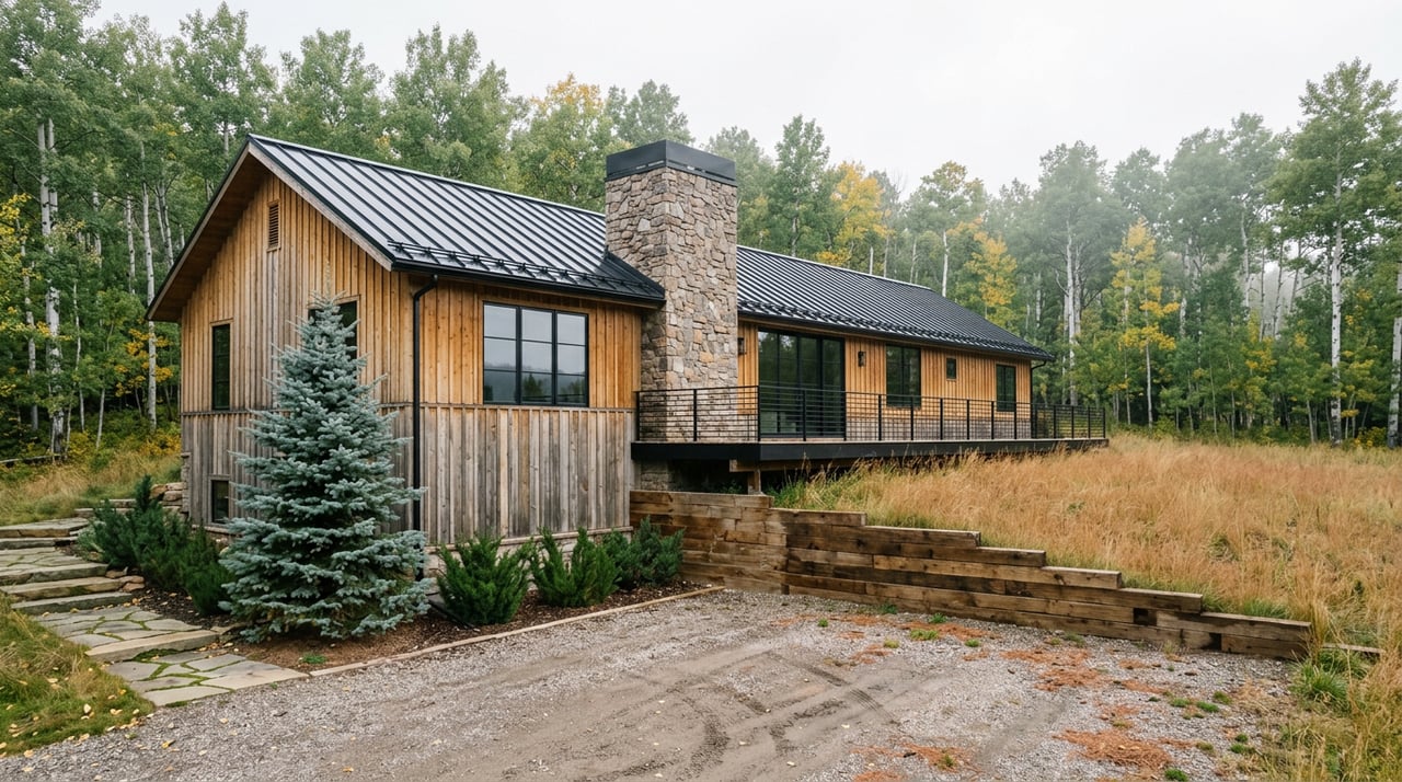 Mountain home with a black metal roof, fieldstone chimney, timber retaining wall, and aspen trees.