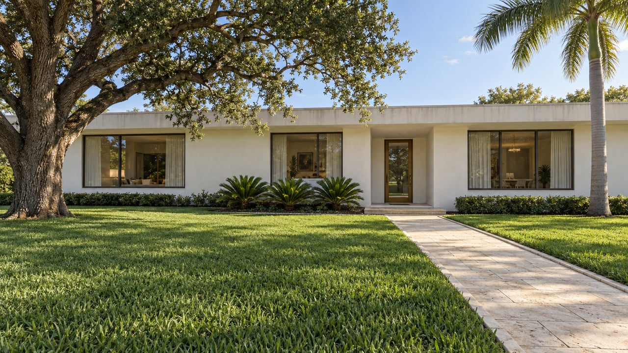 A low white stucco home behind a deep lawn, with limestone entry paving, a spreading live oak and a tall royal palm.