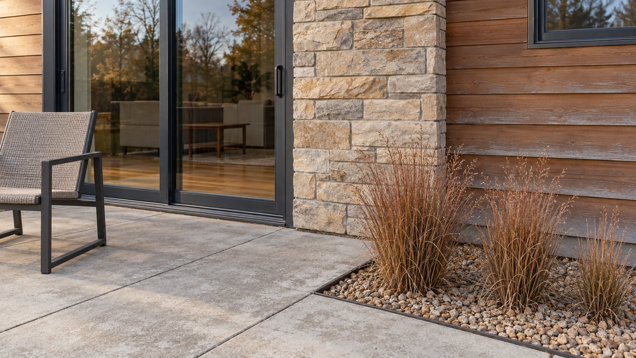 Late-autumn light on a cedar-and-sandstone home's closed glass patio door, concrete terrace, outdoor chair and copper-colored ornamental grasses.