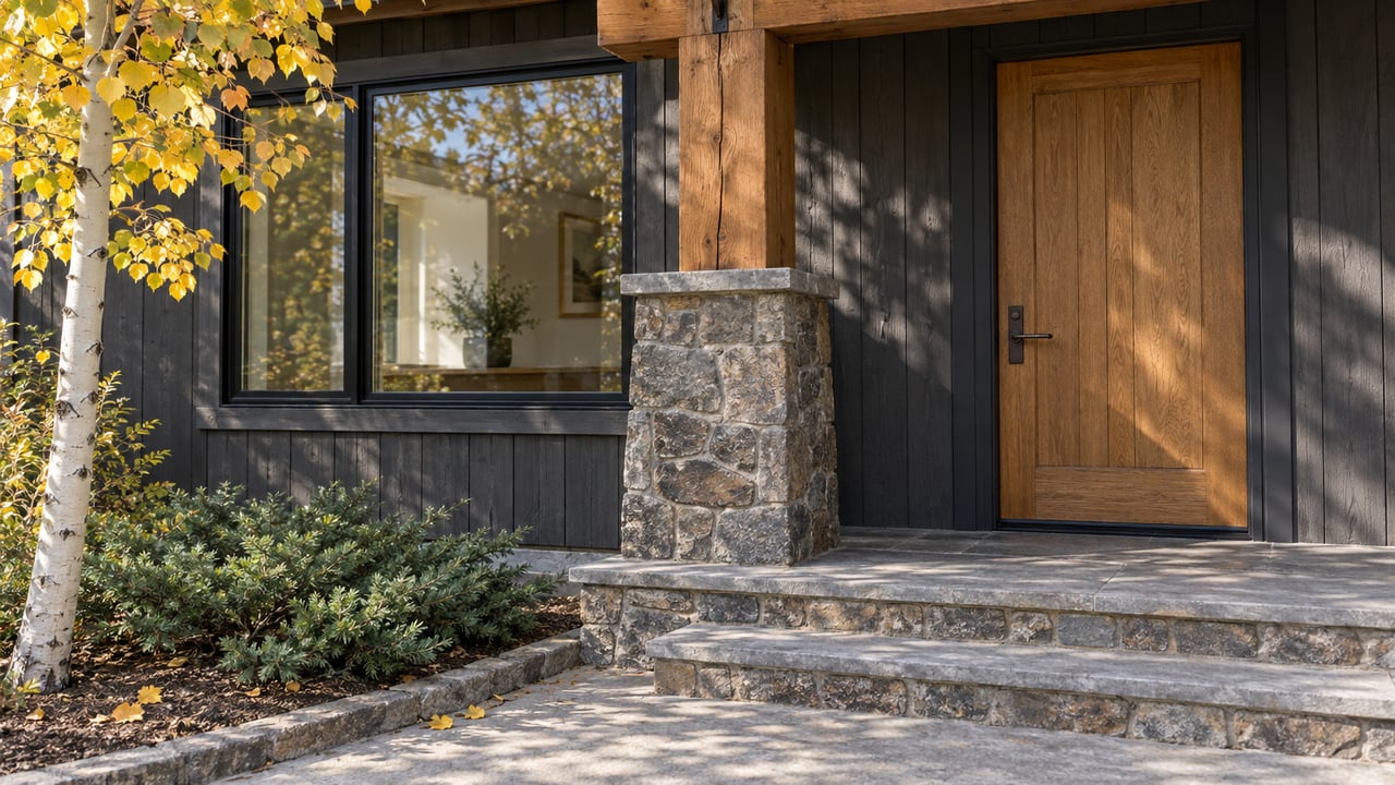 Autumn sunlight falls across a timber-and-stone home entry with a closed oak door, dark siding, and golden aspen leaves.