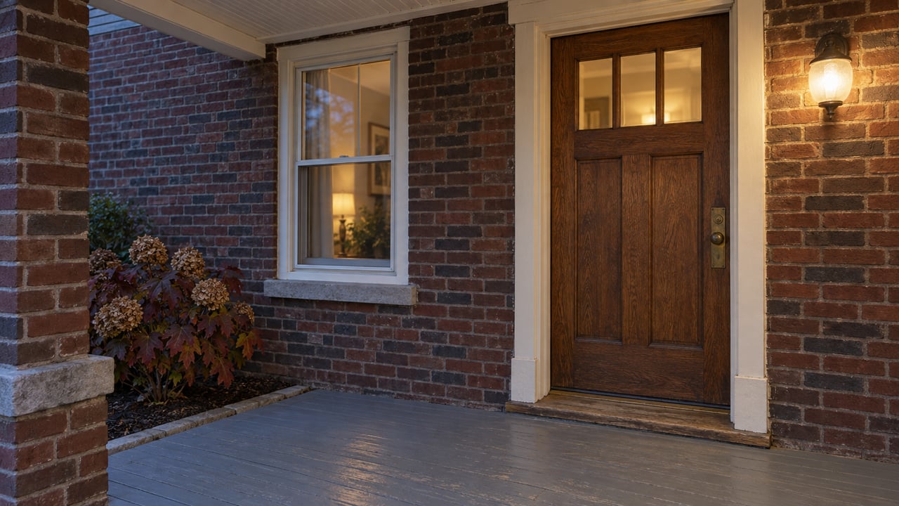 A warm porch light illuminates an oak entry door and aged red brick beside a cream-trimmed window at dusk.