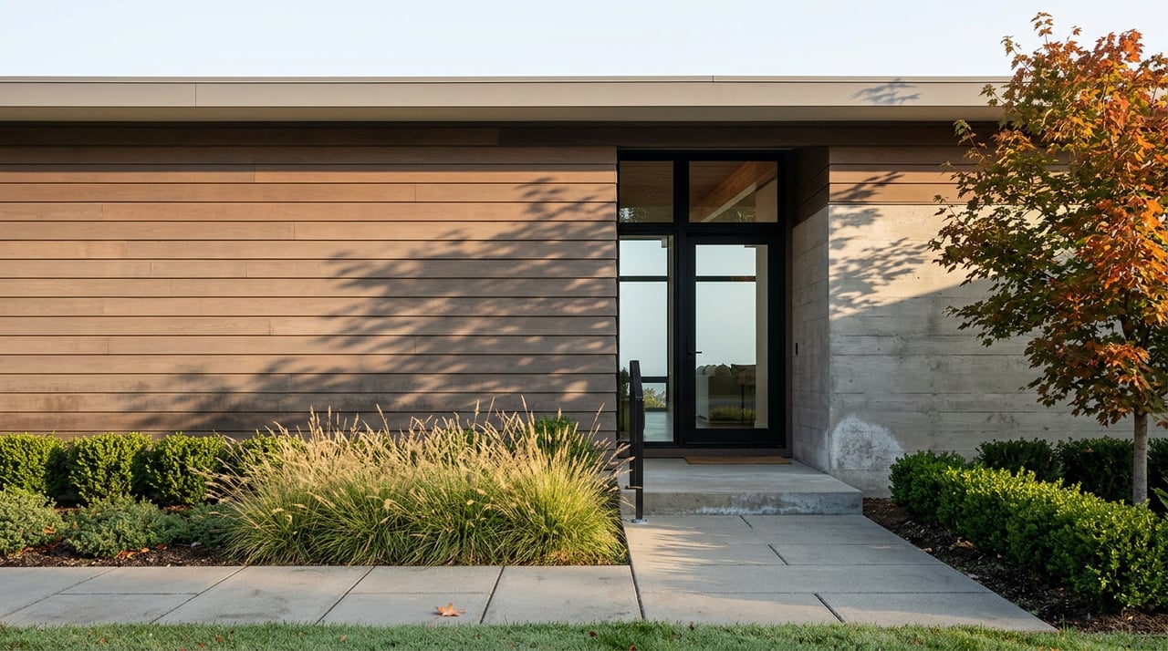 Contemporary home entry with walnut siding, board-formed concrete, glazed door, paver path, and orange-red maple leaves.