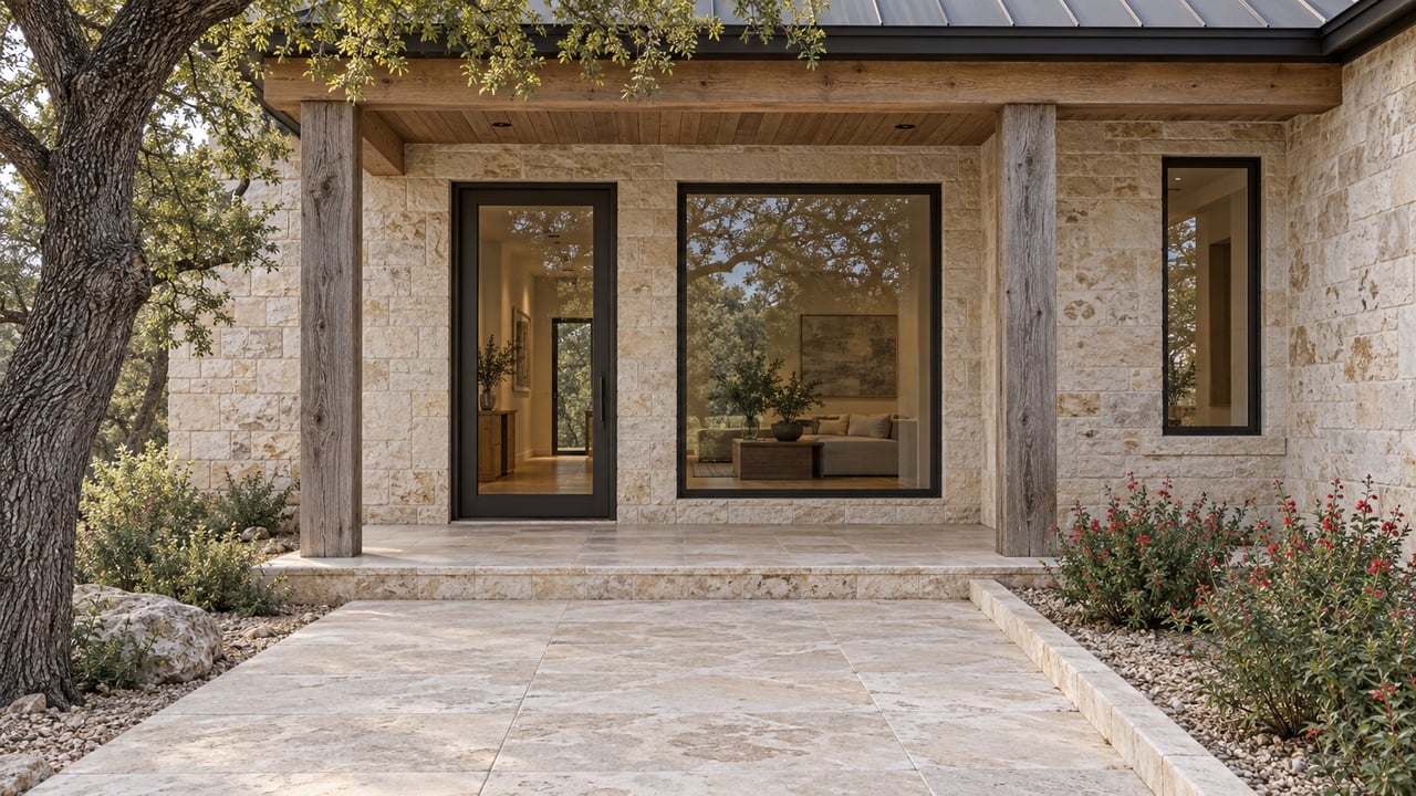 Covered limestone home entry with cedar posts, dark glazed openings, and a stone approach beside an evergreen oak and red-flowering sage.