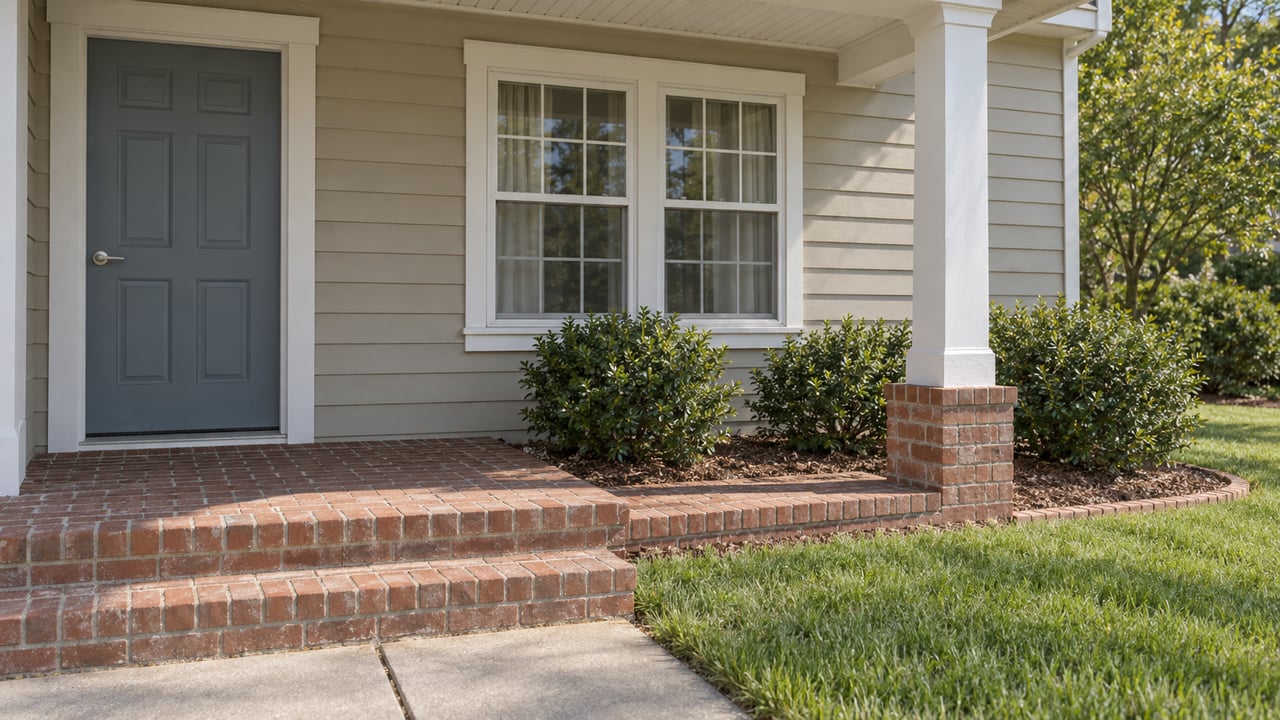 Sunlit tan clapboard home with a blue-gray front door, paired white-trimmed windows, brick porch steps and a neatly edged lawn.