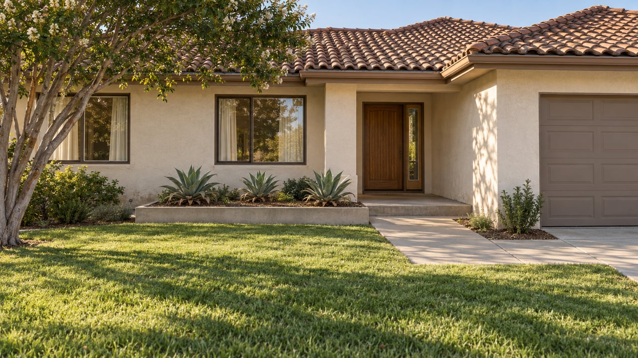 Warm stucco home with a clay-tile roof, recessed wood entry, bronze-framed windows and a deep front lawn beside a concrete walk.