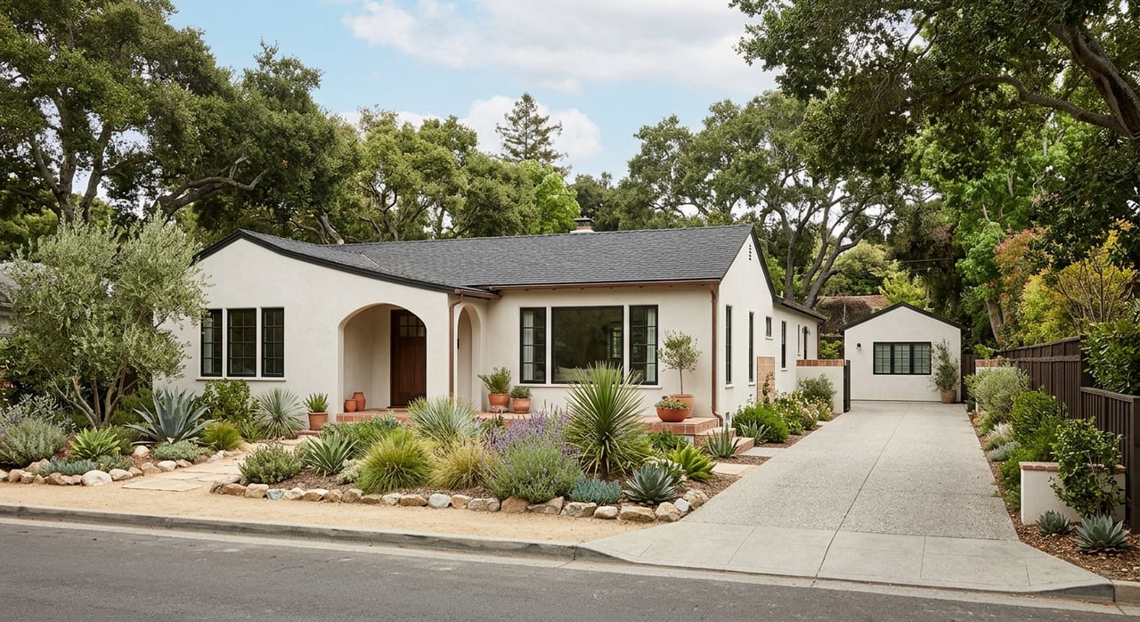 Off-white stucco bungalow with an arched porch, drought-tolerant garden, and gravel drive leading to a detached studio.
