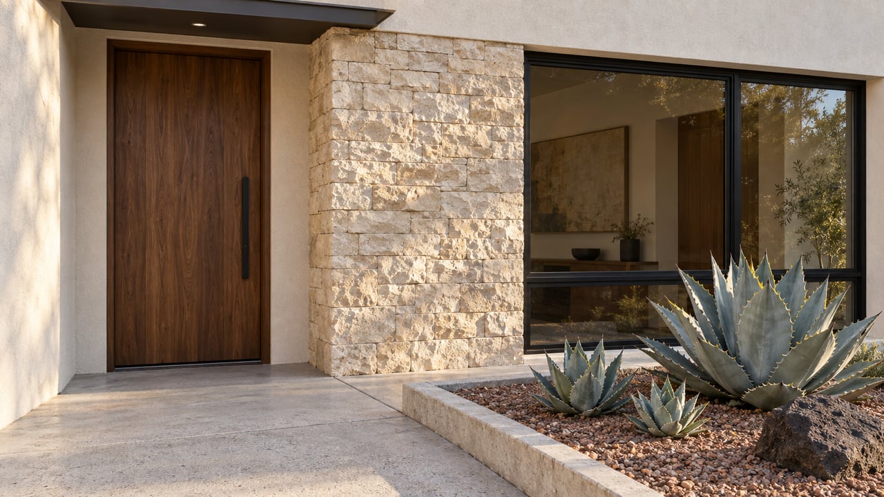Stucco residence with a recessed walnut door, black-framed window, stone wall strip, and agaves in a raised bed.