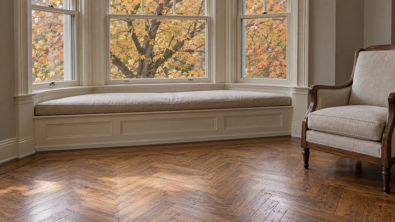 Ivory divided-light windows above a linen-cushioned window seat, beside a walnut armchair and gently worn oak herringbone floor.