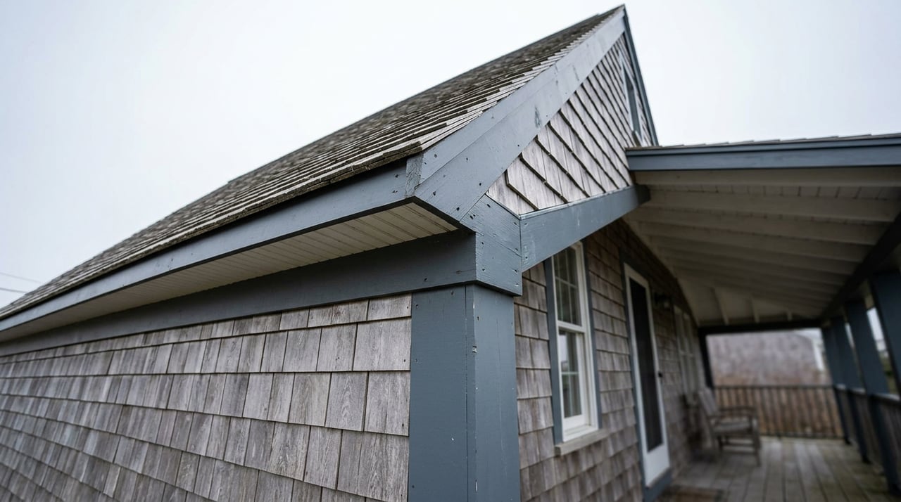 Coastal house corner with weathered gray and honey-toned shingles, white trim, and a divided-light window.