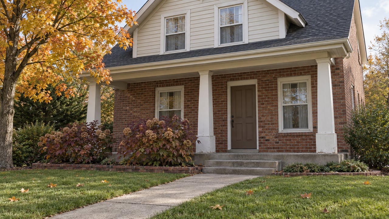 Traditional brick and cream-sided house with a small covered porch, concrete approach and autumn maple foliage.