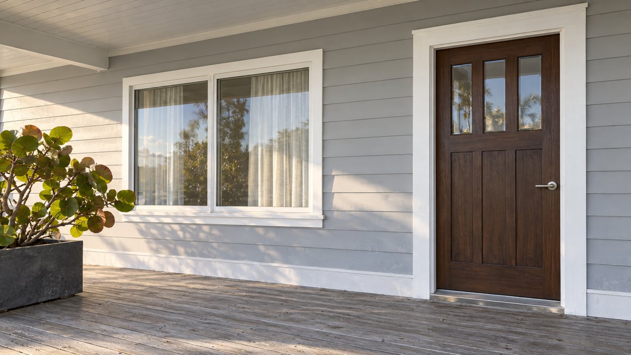 A covered porch with pearl-gray siding, a dark timber entry door, white-framed window and silvered decking beside one sea grape planter.