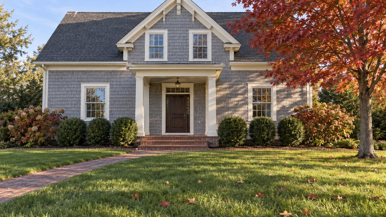 Gray shingle-clad home with ivory porch columns, a brick walk, broad green lawn and red autumn maple foliage.