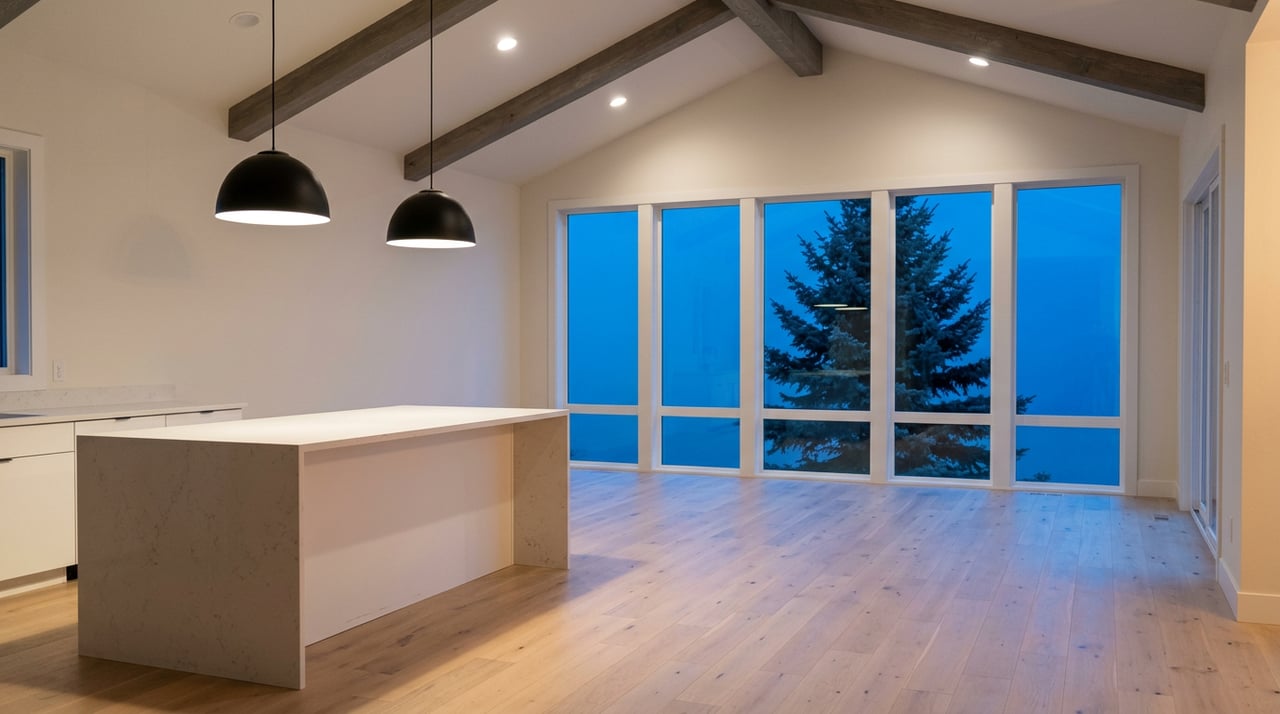 Two black dome pendants hang above a quartz island, with a five-panel window wall glowing blue at dusk.