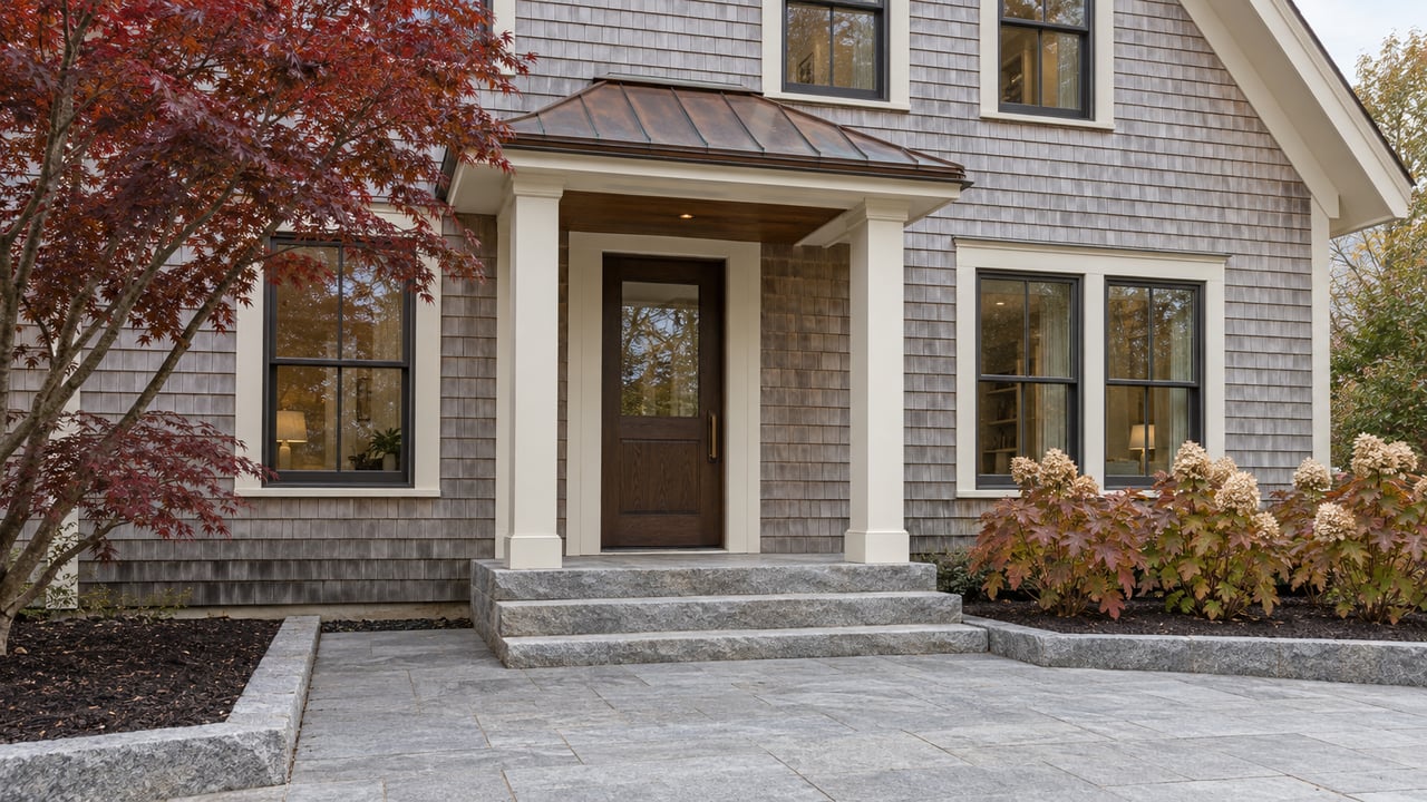 Cedar-shingled condominium entrance with a copper canopy, granite steps and paving, burgundy Japanese maple, and autumn oakleaf hydrangeas.