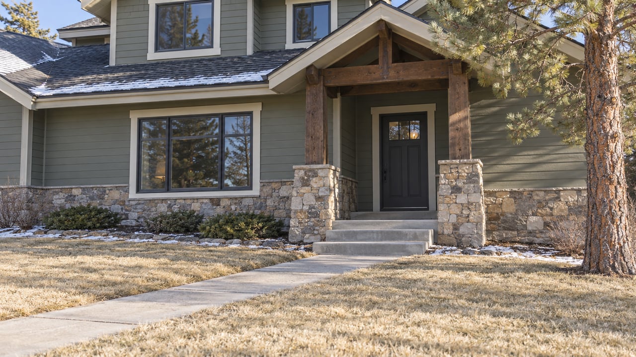 Winter sunlight on a gray-green gabled home with a stone porch, dormant front lawn and mature pine.