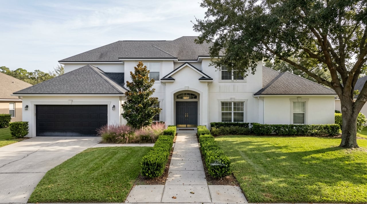 Two-story stucco house with dark gabled roof, arched entry, oak, magnolia, and broad lawn.