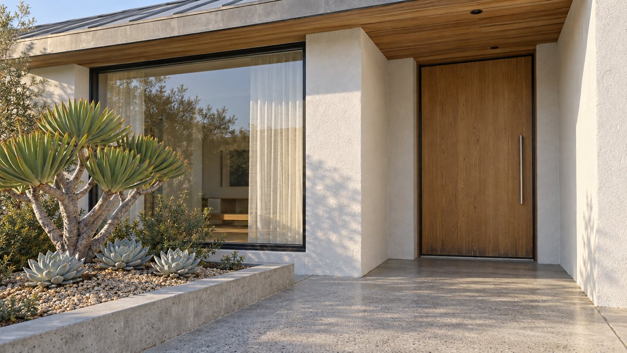 Close view of a white stucco home with an oak entry door, dark-framed window, weathered wood soffit and sculptural succulents in a raised concrete bed.