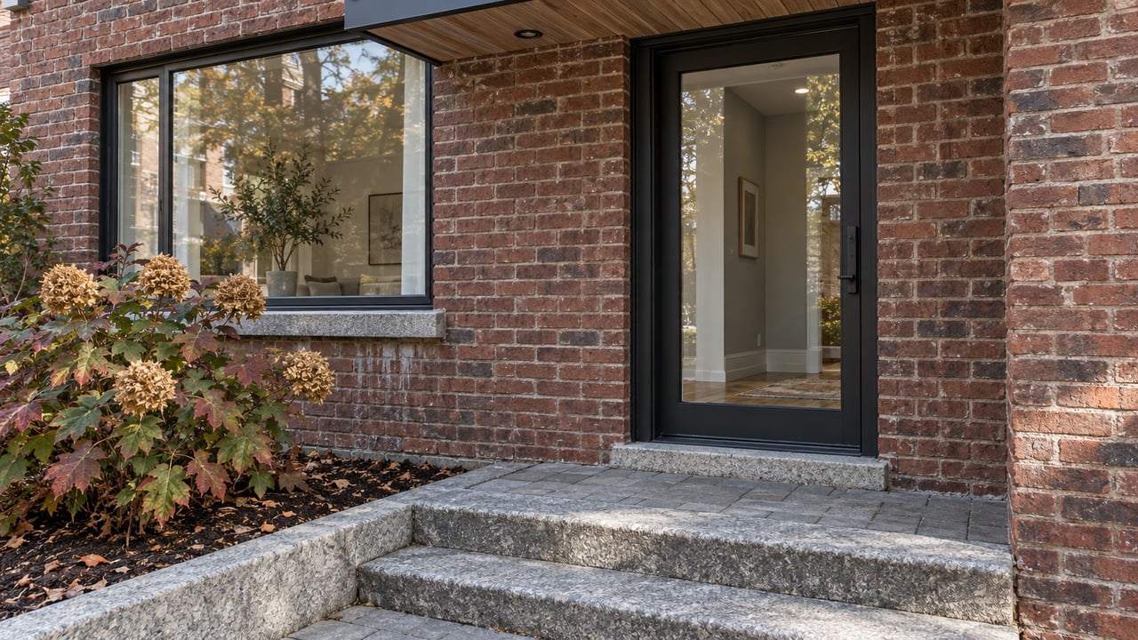 Renovated brick residential entrance with dark-framed glazing, a cedar-lined canopy, worn granite steps, and an autumn oakleaf hydrangea.