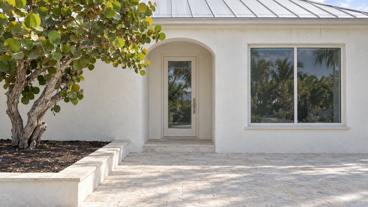 Coastal home entrance with a recessed arched glass door, broad window, limestone pavers, and a twisted sea grape tree.