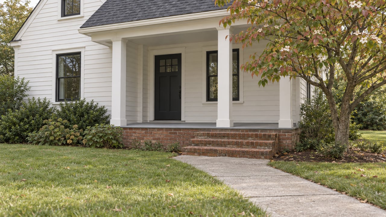 Cape Cod house with a recessed charcoal door, worn brick steps, concrete walk, lawn, and flowering dogwood.