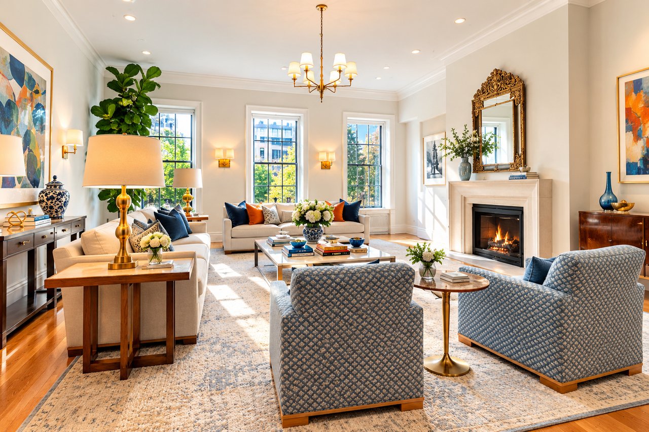 Staged living room with tall windows, a fireplace, cream sofas, and patterned blue armchairs.