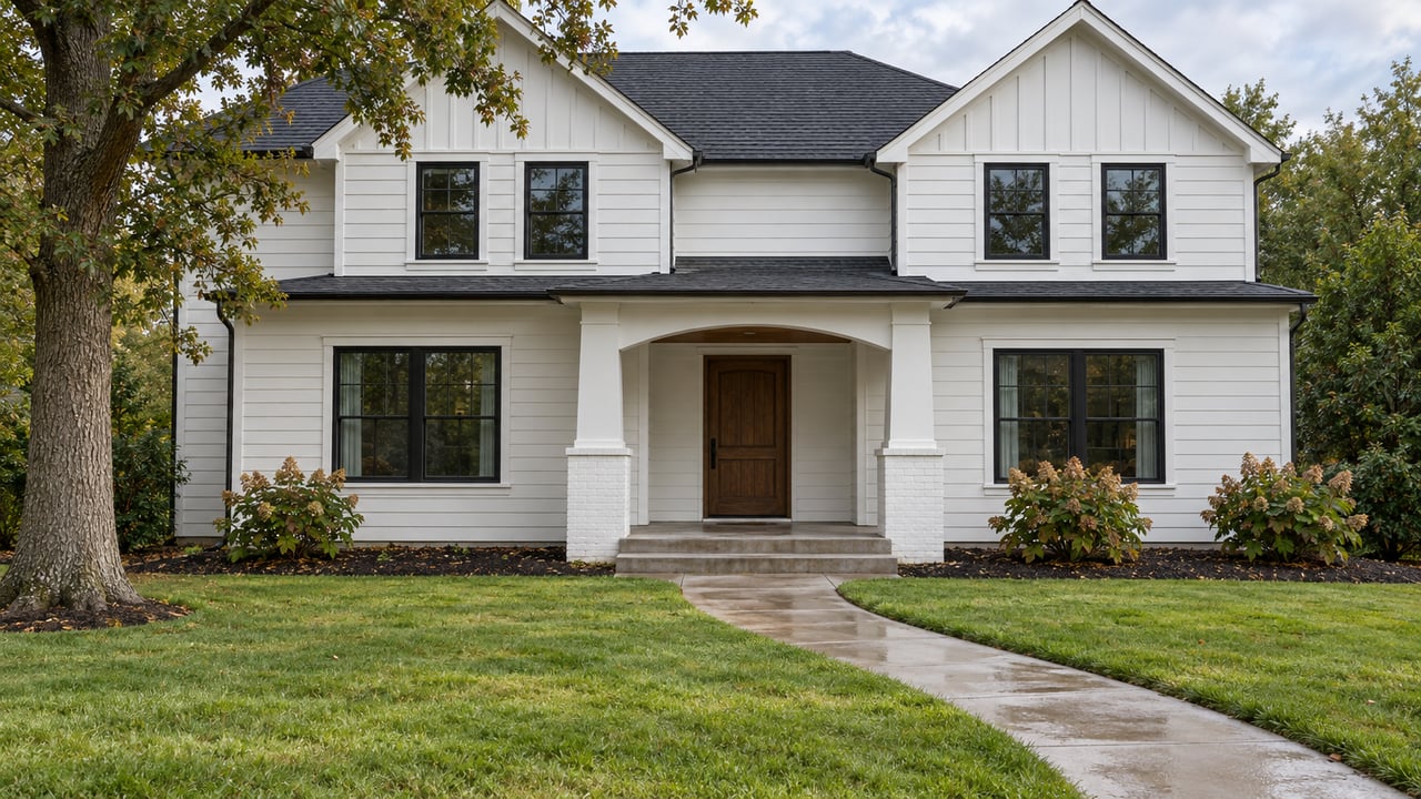 White two-story home with dark windows, front gables and an arched porch beyond a deep lawn and curved concrete walk.