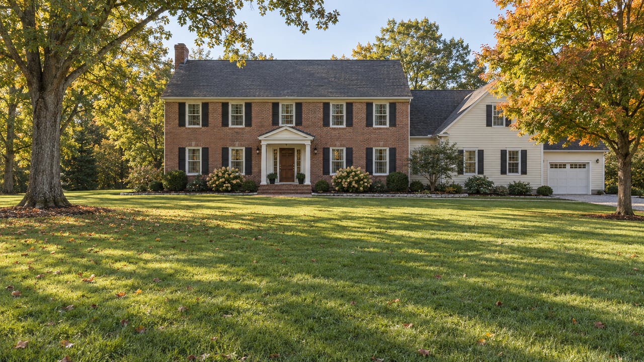 Traditional brick and cream-clapboard home across a broad lawn, framed by mature oak and sugar maple trees in early autumn.