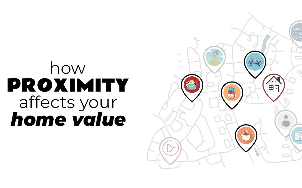 How proximity affects your home value, illustrated with map pins marking nearby places and services.