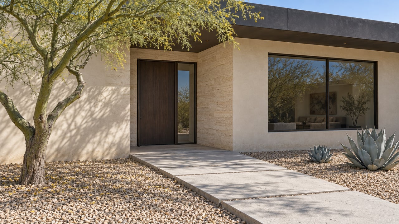Sunlit stucco and limestone home with a recessed wood entry, bronze-framed glazing, sculptural green-trunk tree and agaves beside a concrete approach.