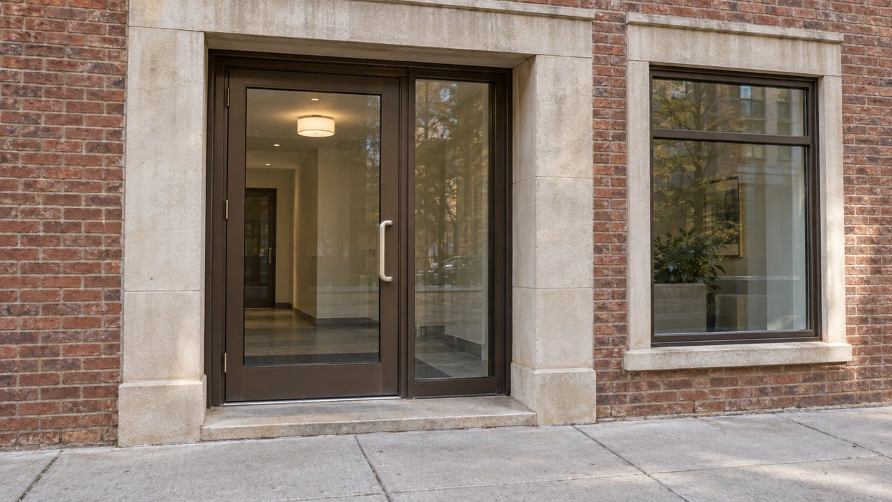 Brick and limestone residential entrance with a bronze-framed glass door and window opening onto a concrete sidewalk.