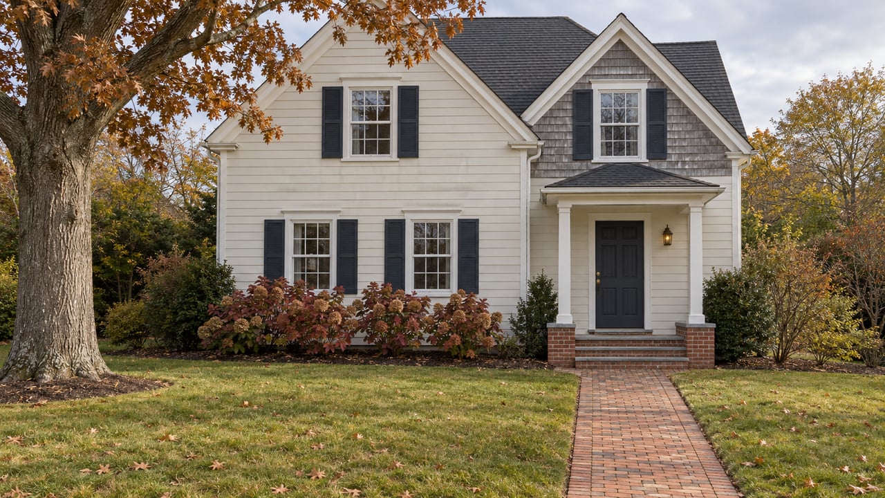 Ivory clapboard house with gray shingled gables, a blue front door and brick walkway across an autumn lawn.