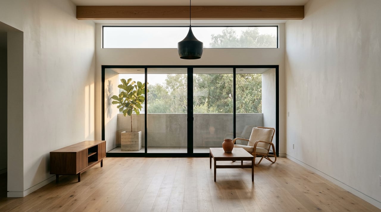 Contemporary great room with black-framed glass, oak floors, walnut table, rattan chair, and fiddle-leaf fig.
