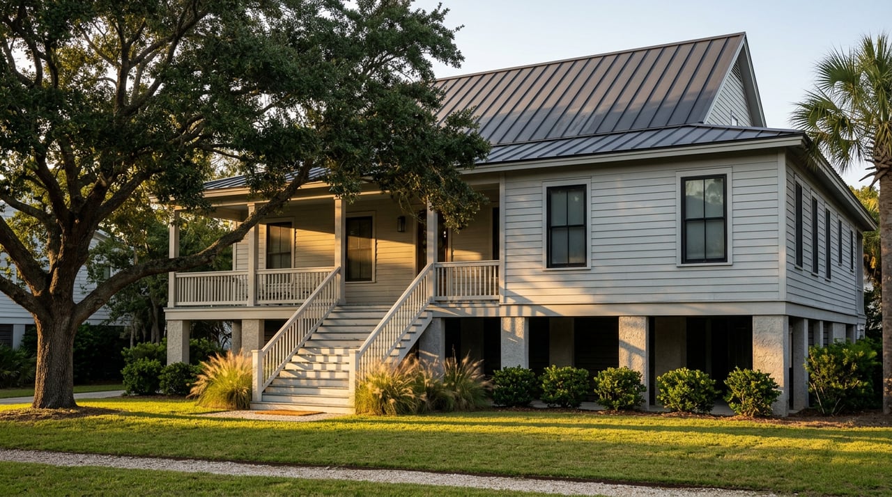 Elevated gray coastal house with a metal gable roof, wraparound porch, raised stairs, and a broad oak tree.