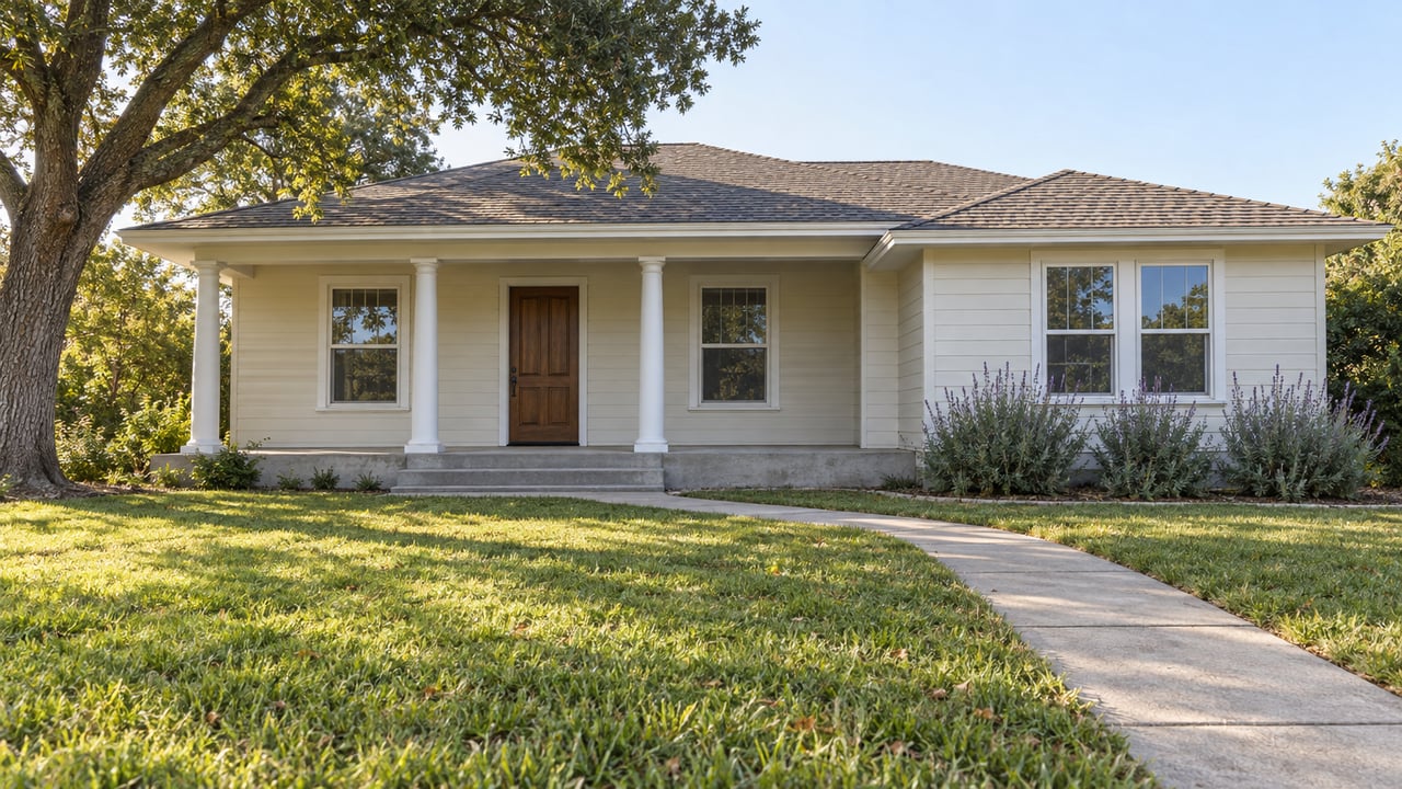 Broad ivory-sided home with a covered white-columned porch beyond a deep green lawn, concrete walk and mature oak.