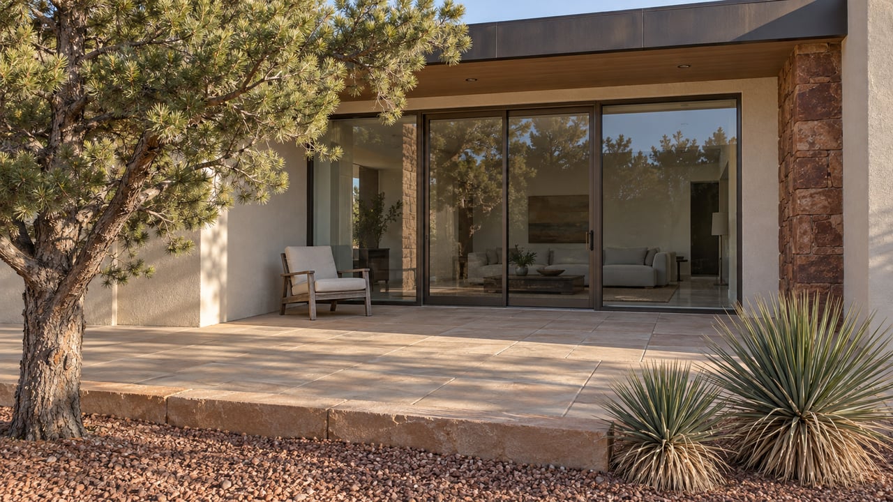 Contemporary home's sandstone terrace and bronze-framed glazing beside a sculptural pinyon pine and two compact yucca rosettes.