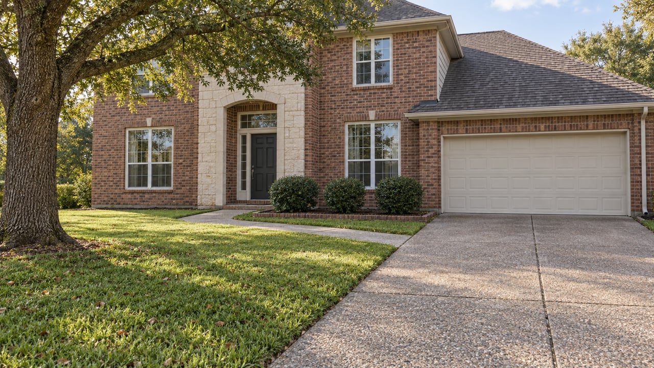 Established brick home with a broad lawn, mature live oak, pale stone entry and attached garage in soft morning light.